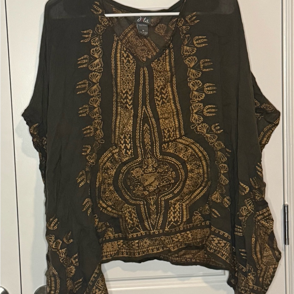 Bohemian Green and Gold Poncho Top M